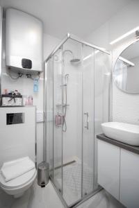 a bathroom with a shower and a toilet and a sink at Studio apartman Rose in Vinkovci