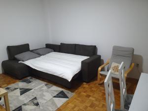 a black couch in a living room with a table at AS Apartment in Tošin Bunar