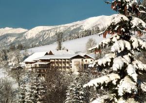 a hotel in the mountains with snow covered trees at Ausflugshotel Huttersberg in Kirchdorf an der Krems