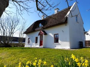 a white house with a red door and yellow flowers at Donegal Thatched Cottage in Loughanure