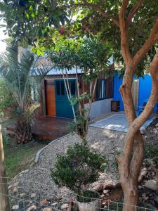 una casa con un árbol delante de ella en Jabuticasa Cabana de madeira na praia, en Penha