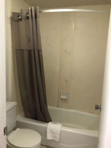 La salle de bains est pourvue de toilettes et d'un rideau de douche. dans l'établissement Motel 6-Daytona Beach, FL - Speedway, à Daytona Beach