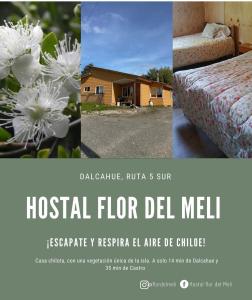 un collage de deux photos d'un lit et d'une maison dans l'établissement Hostal Flor del Meli, à Dalcahue