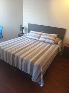 a bed with a striped comforter and two pillows at Acogedor y renovado Departamento in Santiago