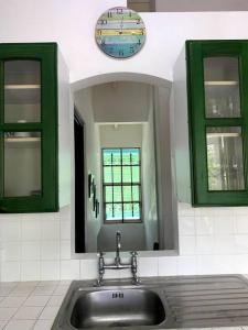 a kitchen sink with a mirror and green cabinets at Reefside Villa in Crown Point