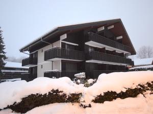 un immeuble d'appartements recouvert de neige avec de la neige au sol dans l'établissement Studio Bernex, 1 pièce, 4 personnes - FR-1-498-71, à Bernex