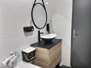La salle de bains est pourvue d'un lavabo et d'un miroir. dans l'établissement Ch privée 23m - Canapé lit - WIFI - Appart 120m, à Woippy