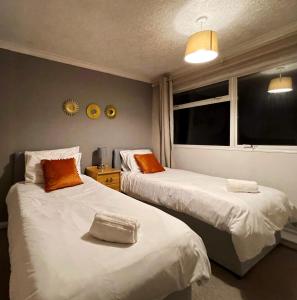 een slaapkamer met 2 bedden en een raam bij Vintage 3 Bedroom House near Catford in Londen