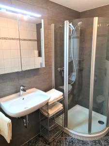 ein Bad mit einem Waschbecken und einer Dusche in der Unterkunft Ferienwohnungen Hamberger in Sachrang