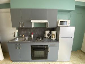 a small kitchen with a sink and a refrigerator at Appartement moderne T2 avec Wi-Fi en centre-ville, à proximité des Thermes de La Roche-Posay - FR-1-541-78 in La Roche-Posay