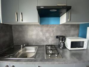 a kitchen counter with a sink and a microwave at Studio central avec Wi-Fi proche des Thermes de La Roche-Posay - FR-1-541-82 in La Roche-Posay
