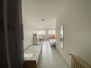 a hallway with a bed and a living room at Studio cosy en cœur de La Roche-Posay, proche Thermes, Wi-Fi, laverie, tout équipé - FR-1-541-84 in La Roche-Posay
