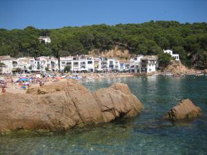 a group of people on a beach with rocks in the water at Apartamento Familiar en Tamariu in Tamariu