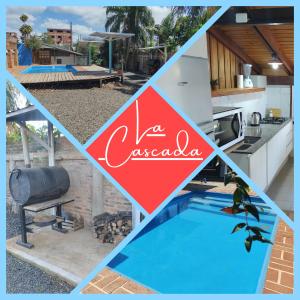 a collage of photos of a kitchen and a pool at La Cascada in Posadas