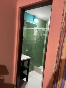 une salle de bain avec une douche en verre et un lavabo dans l'établissement Casa Ostende, à Ostende