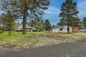 a white house with trees in the yard at Bleu Hill Cottage Ski Snow Bowl and Hike Flagstaff! in Flagstaff