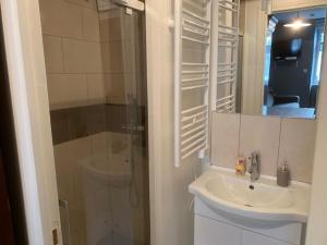 a bathroom with a sink and a shower at Studio Mont-Dore, 1 pièce, 2 personnes - FR-1-415-108 in Le Mont-Dore