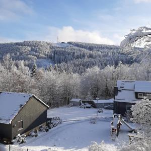 un cortile coperto da neve con una casa e una montagna di Residenz Bocksberg-Blick & St. Florian a Hahnenklee-Bockswiese