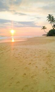 a sunset on a sandy beach with palm trees at Jungle view one bedroom private apartment in Unawatuna