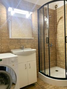 a bathroom with a shower and a sink and a washing machine at Diana’s Apartment in Arad