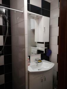 La petite salle de bains est pourvue d'un lavabo et d'un miroir. dans l'établissement ZEN Studio Apartman, à Bihać