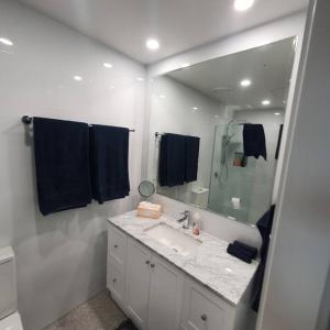La salle de bains est pourvue d'un lavabo et d'un grand miroir. dans l'établissement Melbourne Luxury Penthouse in prime location, à Melbourne