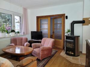 uma sala de estar com 2 cadeiras e um fogão a lenha em Gästewohnung " Am Harsdorf " em Magdeburgo