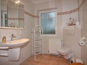 ein Badezimmer mit Waschbecken, Toilette und Spiegel in der Unterkunft Feldblick-Wohnung in der N he der Ostsee in Schlagsdorf + 30 Fotos