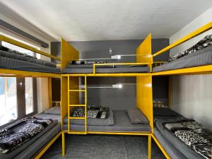 a bunk bed room with four bunk beds at Young Monk Hostel & Cafe Old Manali in Manāli