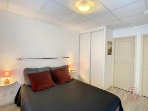 een slaapkamer met een bed met 2 rode kussens bij Appartement Lamalou-les-Bains, 2 pièces, 2 personnes - FR-1-451-141 in Lamalou-les-Bains