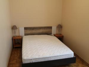 Bett in einem Zimmer mit zwei Nachttischen und zwei Lampen in der Unterkunft T2 lumineux au centre-ville de La Roche-Posay, proche thermes, avec Wi-Fi et lave-linge - FR-1-541-1 in La Roche-Posay