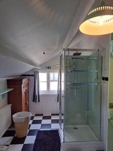 baño con ducha y suelo a cuadros en 't Haringehuys en Poperinge