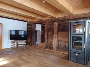 a living room with wooden walls and a television at Schwarzwaldstube in Titisee-Neustadt