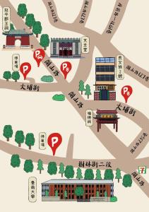 a map of the city with the names of streets and buildings at 良文旅2館Ryou Hotel Vintage - II in Tainan