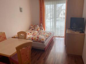 a bedroom with a bed and a table and a television at Apartment Sonnblick in Sankt Johann im Pongau