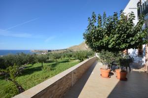 a walkway with potted trees and a retaining wall at Appartamenti da Clarissa in Macari
