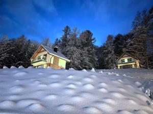 een sneeuwbedekte tuin met twee huizen op de achtergrond bij LUXURY OAK VILLAS in Bielsko-Biala