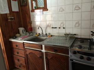uma cozinha com um lavatório e um fogão em Cabaña Ruca Quimey em Villarrica