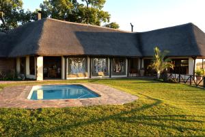 a house with a thatched roof with a pool in front of it at Omukuyu Wildlife Lodge in Otavi