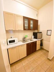 a small kitchen with a sink and a microwave at Urban Nest Apartments Szewska 21 in Krakow