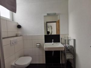ein Badezimmer mit einem Waschbecken, einem WC und einem Spiegel in der Unterkunft Appartement Falkner Manuel in Niederthai