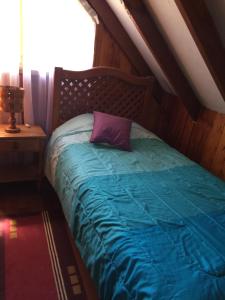 a bed with a blue comforter in a room at Cabaña Ruca Quimey in Villarrica