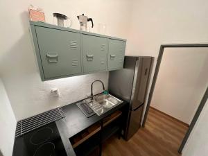 eine kleine Küche mit Spüle und Kühlschrank in der Unterkunft O Tom Nevim in Sušice