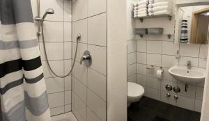 a bathroom with a shower and a toilet and a sink at Apartment Fulda Aue in Fulda