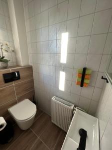 a white bathroom with a toilet and a sink at Ferienhaus an der Mühle in Klütz