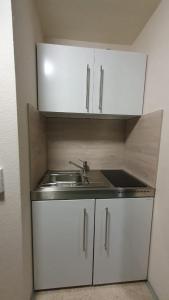 a small kitchen with white cabinets and a sink at Sofia in Balderschwang