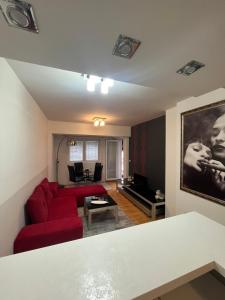 una sala de estar con 2 sofás rojos y un sofá en Apartment Alex, en Ohrid