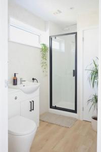 a bathroom with a toilet and a sink and a mirror at The Palm House Falmouth - minutes from the beach! in Falmouth