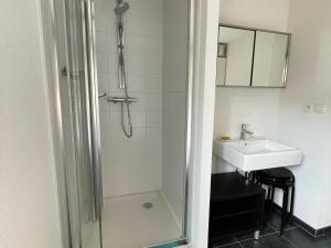 une salle de bain avec douche et lavabo dans l'établissement Appartement spacieux proche télécabine avec Wi-Fi, terrasse et parking - FR-1-692-30, à La Chapelle-dʼAbondance