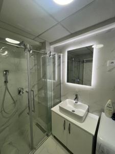 y baño con ducha, lavabo y espejo. en Apartment Alex, en Ohrid